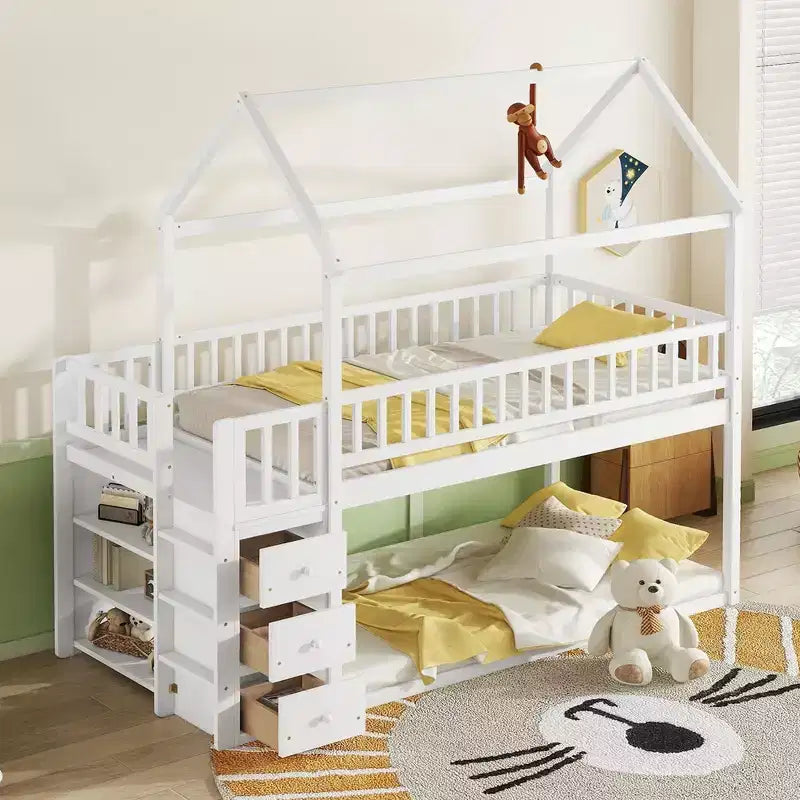 Lit superposé en bois Okak Twin Over Twin avec toboggan et barrière de sécurité, lit mezzanine avec échelle pour enfants et adolescents, facile à assembler