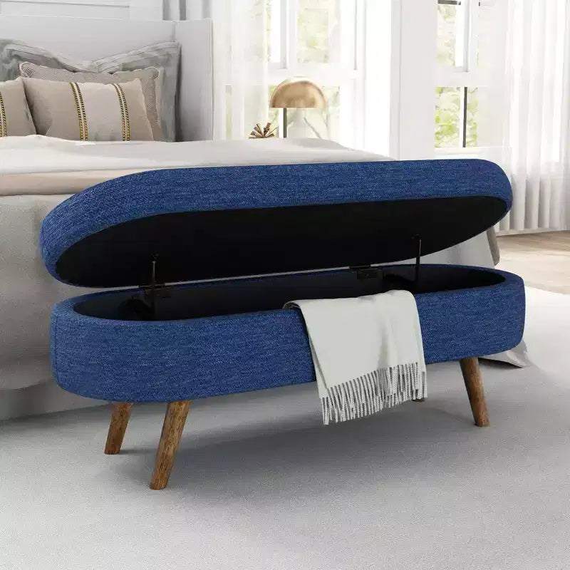 Banc ottoman de rangement ovale Okak Modern en lin avec pieds en bois d'hévéa, long repose-pieds de rangement souple pour salon, entrée, chambre à coucher