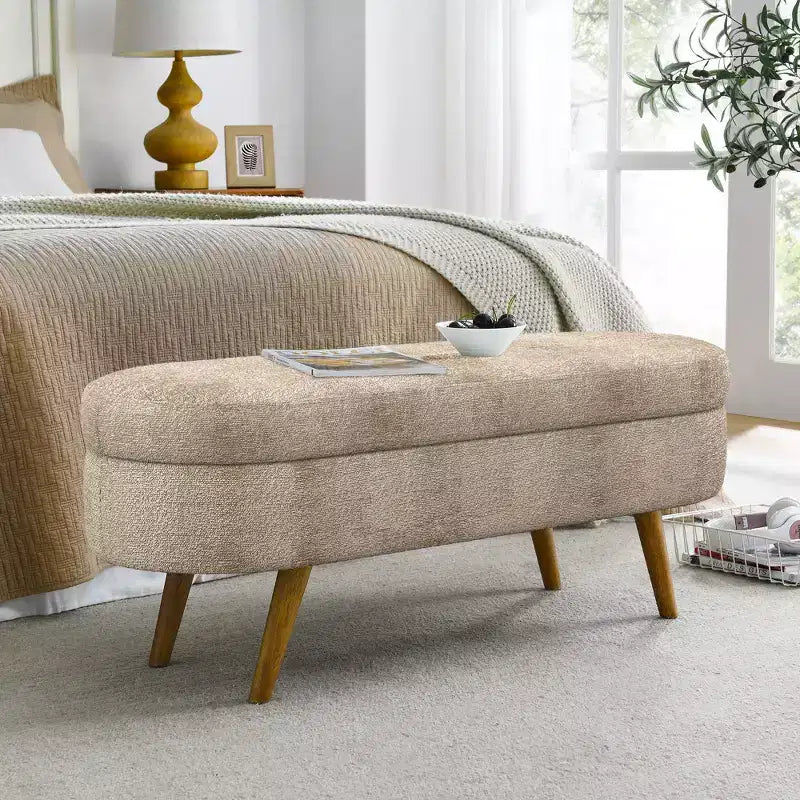 Banc ottoman de rangement ovale Okak Modern en lin avec pieds en bois d'hévéa, long repose-pieds de rangement souple pour salon, entrée, chambre à coucher