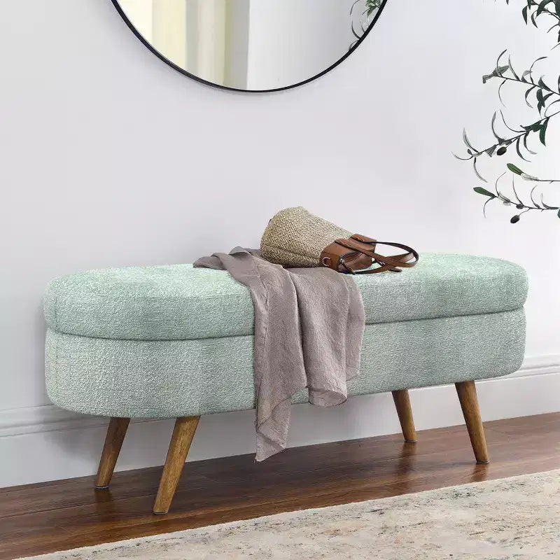 Banc ottoman de rangement ovale Okak Modern en lin avec pieds en bois d'hévéa, long repose-pieds de rangement souple pour salon, entrée, chambre à coucher