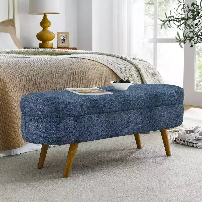 Banc ottoman de rangement ovale Okak Modern en lin avec pieds en bois d'hévéa, long repose-pieds de rangement souple pour salon, entrée, chambre à coucher