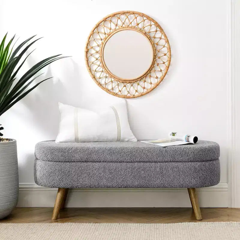 Banc ottoman de rangement ovale Okak Modern en lin avec pieds en bois d'hévéa, long repose-pieds de rangement souple pour salon, entrée, chambre à coucher