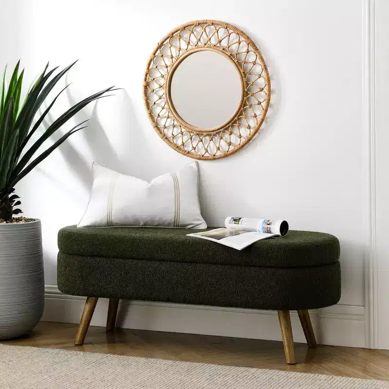 Banc ottoman de rangement ovale Okak Modern en lin avec pieds en bois d'hévéa, long repose-pieds de rangement souple pour salon, entrée, chambre à coucher