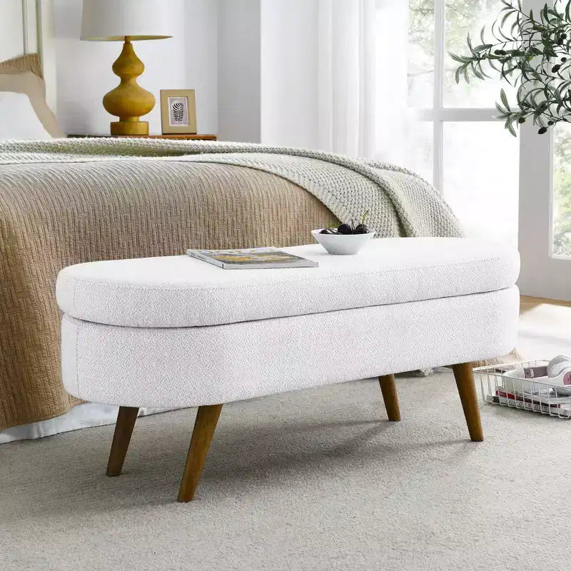 Banc ottoman de rangement ovale Okak Modern en lin avec pieds en bois d'hévéa, long repose-pieds de rangement souple pour salon, entrée, chambre à coucher