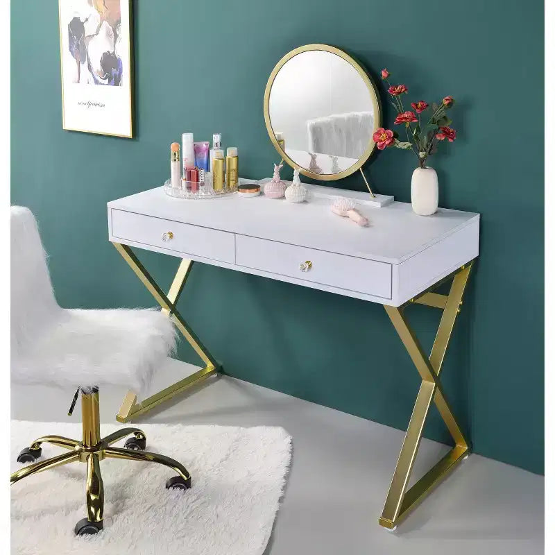 Coiffeuse contemporaine Okak avec miroir, coiffeuse de maquillage avec LED réglable, table de maquillage avec 7 tiroirs pour chambre à coucher