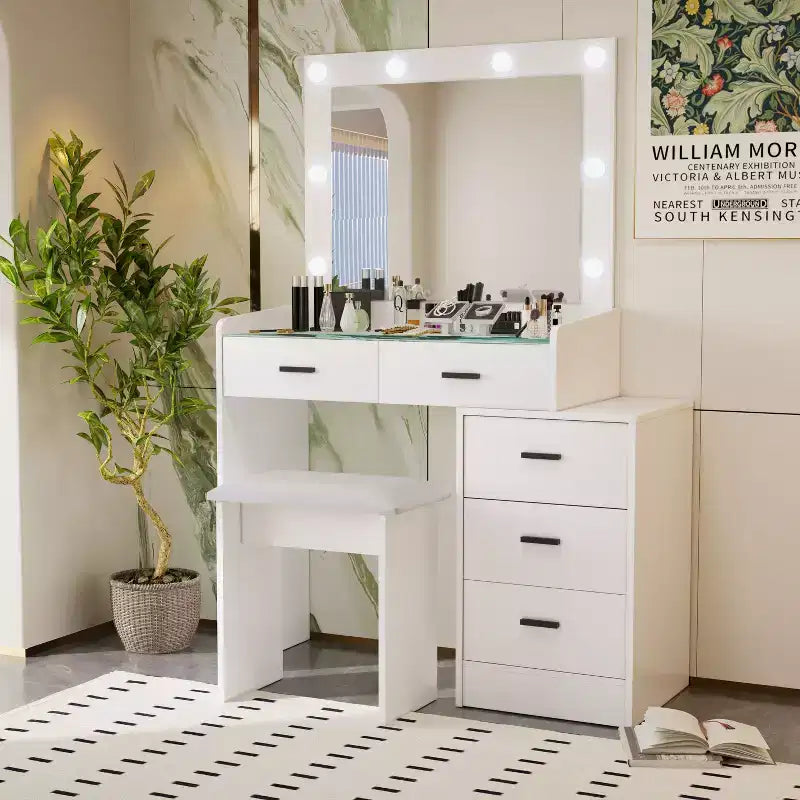 Coiffeuse contemporaine Okak avec miroir, coiffeuse de maquillage avec LED réglable, table de maquillage avec 7 tiroirs pour chambre à coucher