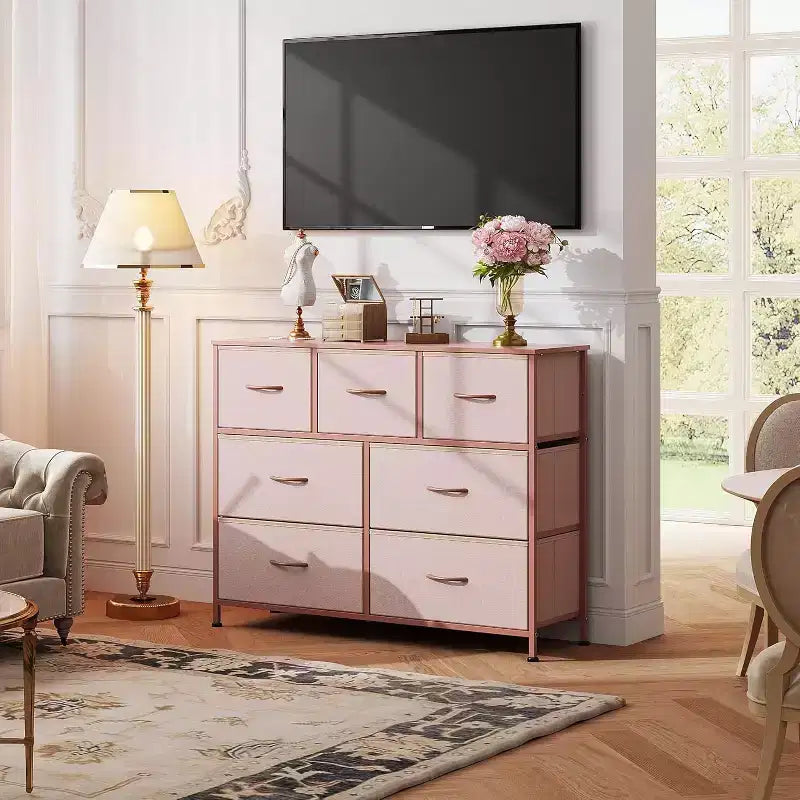 Meuble TV GALAXHERO avec 7 tiroirs, meuble console multimédia pour chambre, salon, entrée, cadre en acier et plateau en bois, compatible TV 45 pouces