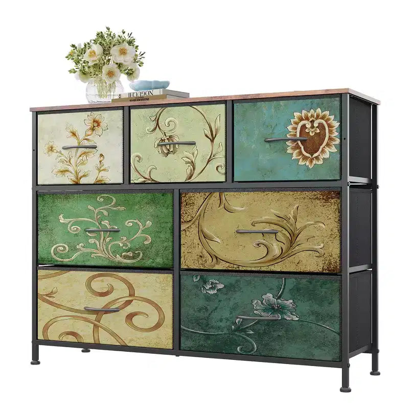 Meuble TV GALAXHERO avec 7 tiroirs, meuble console multimédia pour chambre, salon, entrée, cadre en acier et plateau en bois, compatible TV 45 pouces