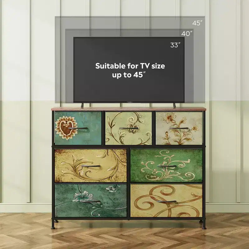 Meuble TV GALAXHERO avec 7 tiroirs, meuble console multimédia pour chambre, salon, entrée, cadre en acier et plateau en bois, compatible TV 45 pouces