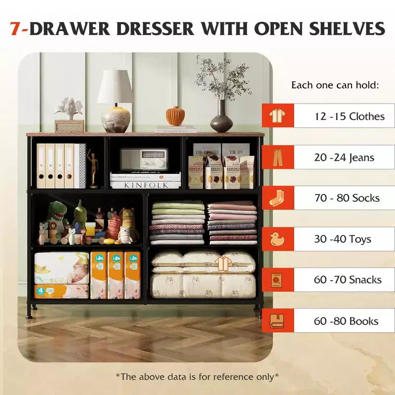 Meuble TV GALAXHERO avec 7 tiroirs, meuble console multimédia pour chambre, salon, entrée, cadre en acier et plateau en bois, compatible TV 45 pouces