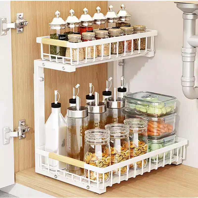 Rangements sous évier à 2 niveaux, étagère coulissante à tirer, tiroir métallique pour l'organisation de la cuisine, de la salle de bain, du garde-manger, résistant à la rouille.