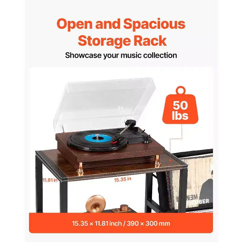 Meuble pour platine vinyle VEVOR avec station de charge et ports USB, peut contenir jusqu'à 200 albums, support de tourne-disque à 3 niveaux avec rangement pour disques vinyles, noir