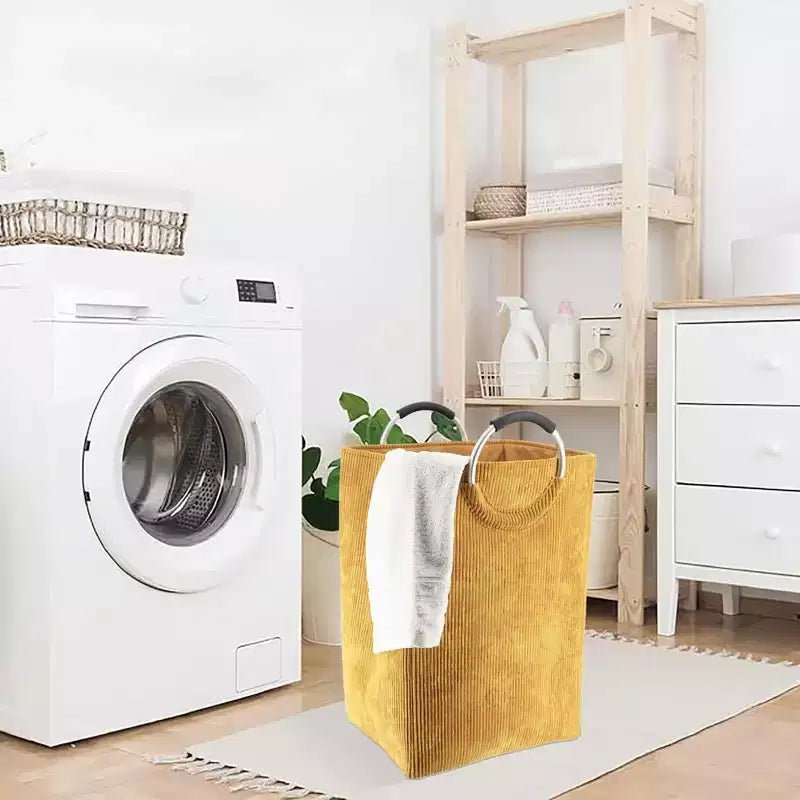 Evideco Articles ménagers français Panier à linge en velours côtelé 55L Jaune moutarde