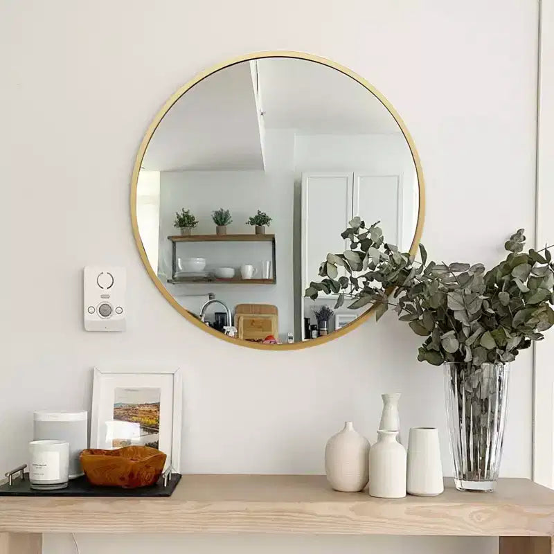 Miroir de courtoisie rond moderne en métal doré pour salle de bain - Mural