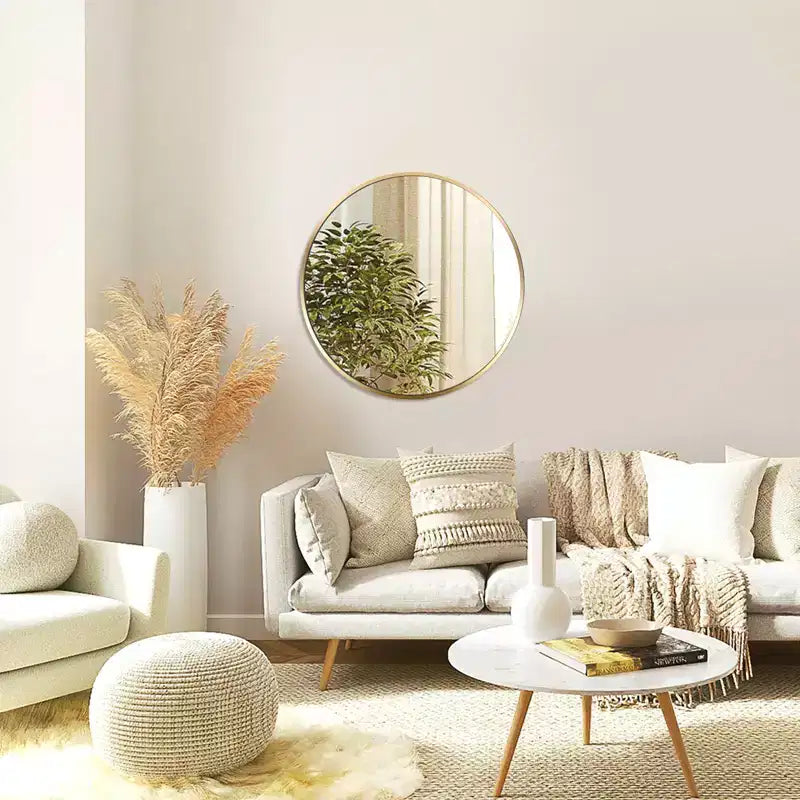 Miroir de courtoisie rond moderne en métal doré pour salle de bain - Mural
