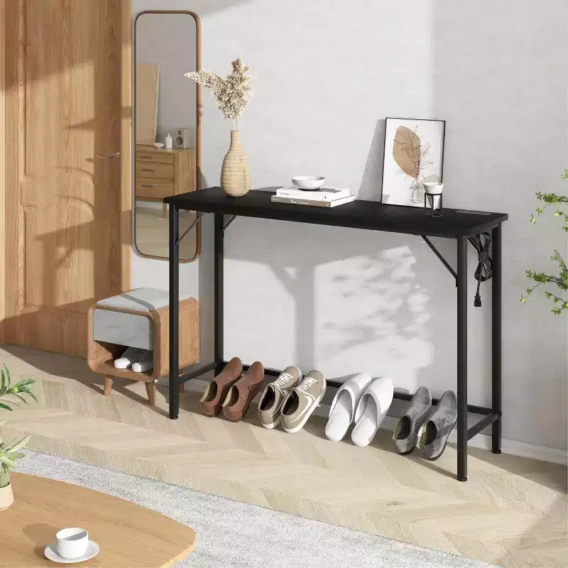 DobleePy Console Table de 99 cm noire avec station de charge, table d'entrée étroite avec pieds en métal pour couloir, dos de canapé, appartement