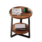 Table d'appoint ronde, plateau en bois de 50 cm et cadre en métal noir, table d'appoint à 2 niveaux pour salon, chambre à coucher