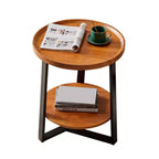Table d'appoint ronde, plateau en bois de 50 cm et cadre en métal noir, table d'appoint à 2 niveaux pour salon, chambre à coucher