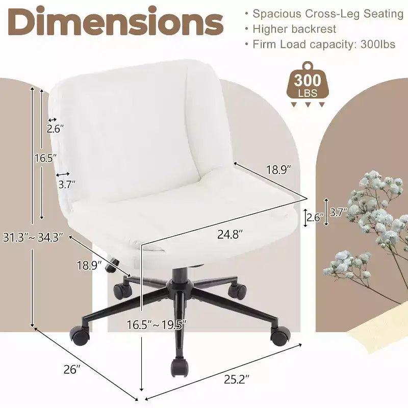 VINGLI Chaise de Bureau Confortable sans Accoudoirs Criss Cross Épaisse Rembourrée avec Base à Double Usage, Chaise de Coiffeuse Pivotante Réglable et Moderne, Roulettes, PU Ciré