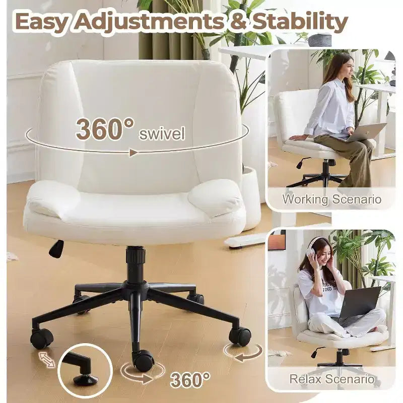 VINGLI Chaise de Bureau Confortable sans Accoudoirs Criss Cross Épaisse Rembourrée avec Base à Double Usage, Chaise de Coiffeuse Pivotante Réglable et Moderne, Roulettes, PU Ciré
