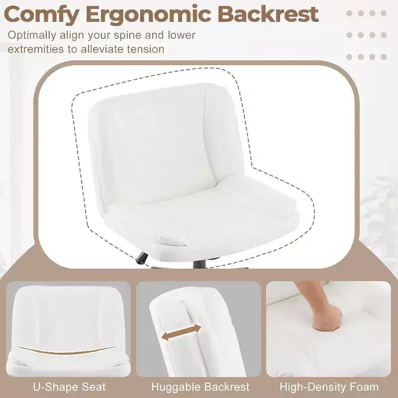 VINGLI Chaise de Bureau Confortable sans Accoudoirs Criss Cross Épaisse Rembourrée avec Base à Double Usage, Chaise de Coiffeuse Pivotante Réglable et Moderne, Roulettes, PU Ciré