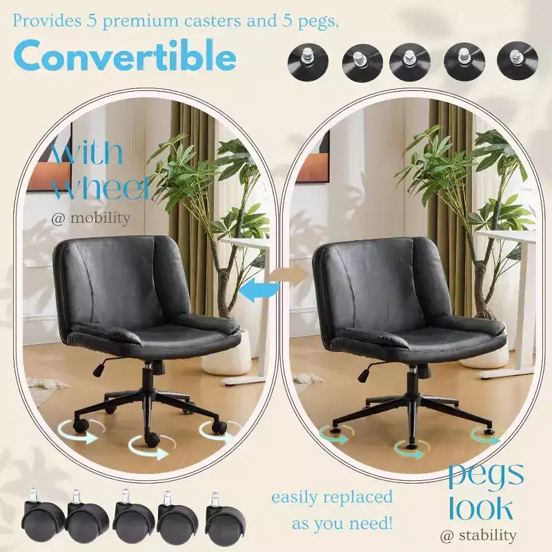 VINGLI Chaise de Bureau Confortable sans Accoudoirs Criss Cross Épaisse Rembourrée avec Base à Double Usage, Chaise de Coiffeuse Pivotante Réglable et Moderne, Roulettes, PU Ciré