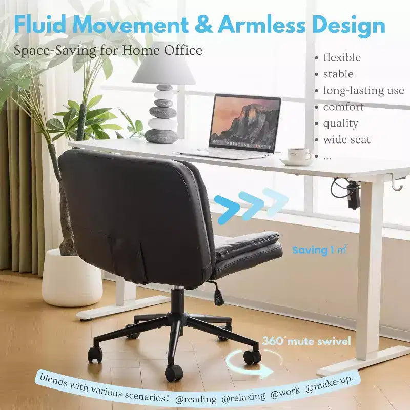 VINGLI Chaise de Bureau Confortable sans Accoudoirs Criss Cross Épaisse Rembourrée avec Base à Double Usage, Chaise de Coiffeuse Pivotante Réglable et Moderne, Roulettes, PU Ciré