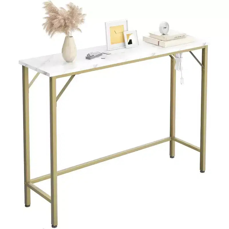 9.1 Narrow Console Table with Outlets, Sofa Table Behind Couch Table for Living Room, Industrial Hallway Table for Entryway, Foyer-Gold