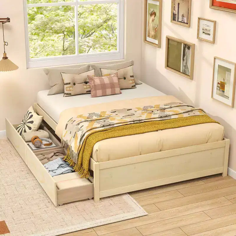 Costway Full/Queen Size Wooden Platform Bed with 2 Rolling Storage Drawers Wood Slat Support Natural/White