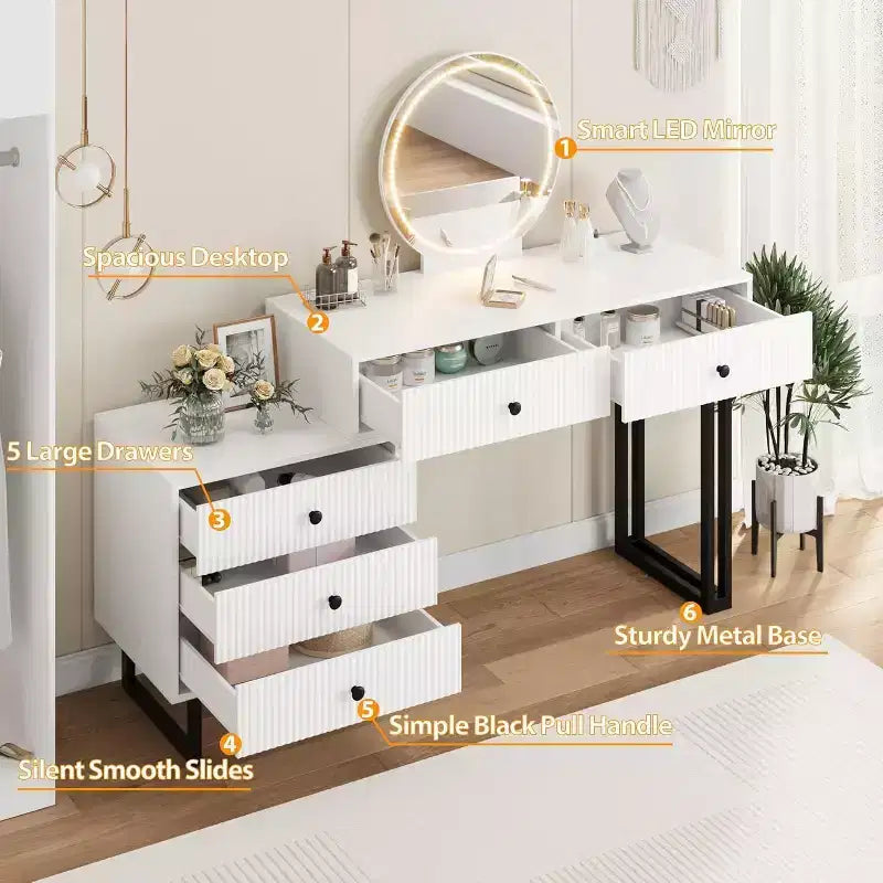 Coiffeuse GustoWave avec miroir et lumières, Petite coiffeuse de maquillage avec 5 tiroirs pour chambre à coucher, Organiseur de coiffeuse avec 3 couleurs de lumières