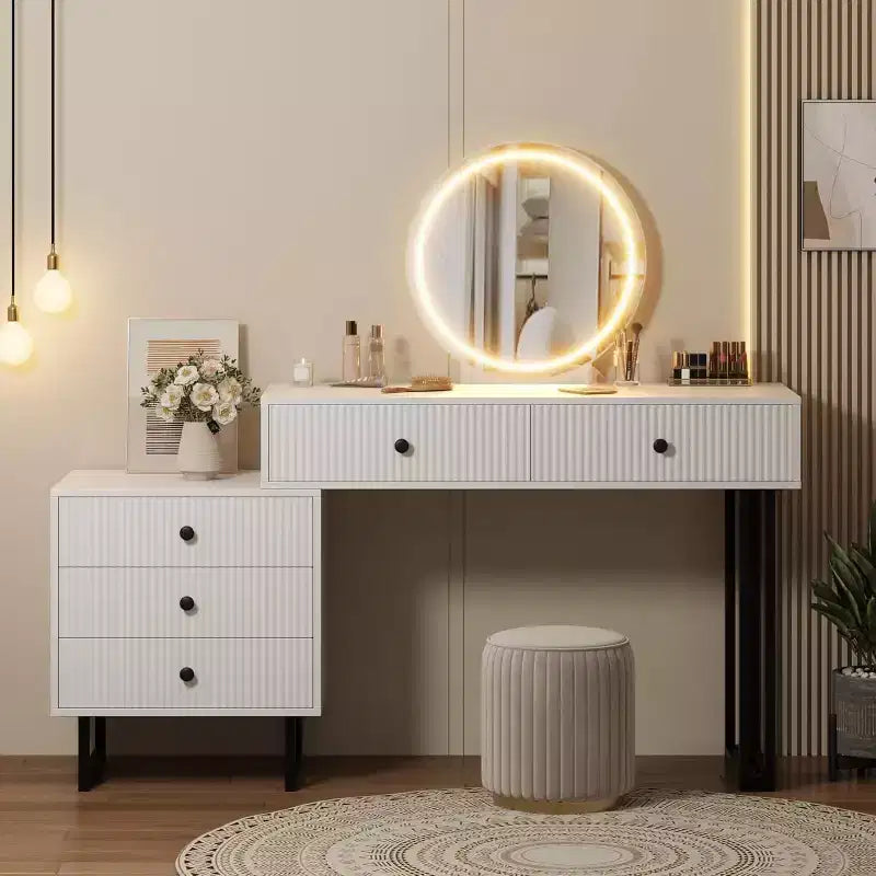 Coiffeuse GustoWave avec miroir et lumières, Petite coiffeuse de maquillage avec 5 tiroirs pour chambre à coucher, Organiseur de coiffeuse avec 3 couleurs de lumières