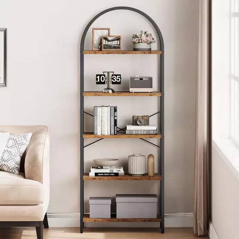 COZONY 71 Bibliothèque arquée, étagère moderne à 5 niveaux avec finition marbre, étagère de rangement haute pour la maison et le bureau