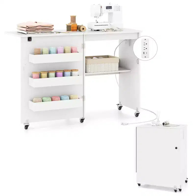 Table à coudre pliable Costway avec roulettes verrouillables, support avec 3 bacs de rangement et prises de courant Blanc/Naturel/Marron/Blanc+Naturel