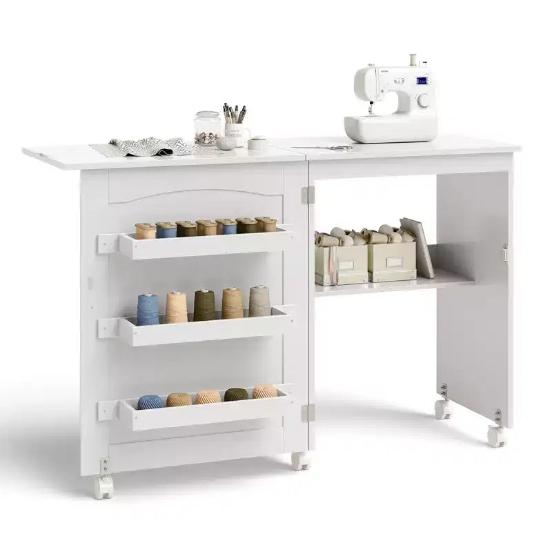 Table à coudre pliable Costway avec roulettes verrouillables, support avec 3 bacs de rangement et prises de courant Blanc/Naturel/Marron/Blanc+Naturel