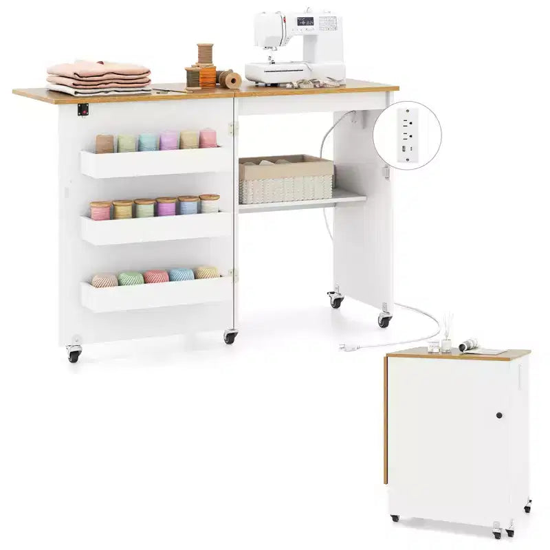 Table à coudre pliable Costway avec roulettes verrouillables, support avec 3 bacs de rangement et prises de courant Blanc/Naturel/Marron/Blanc+Naturel