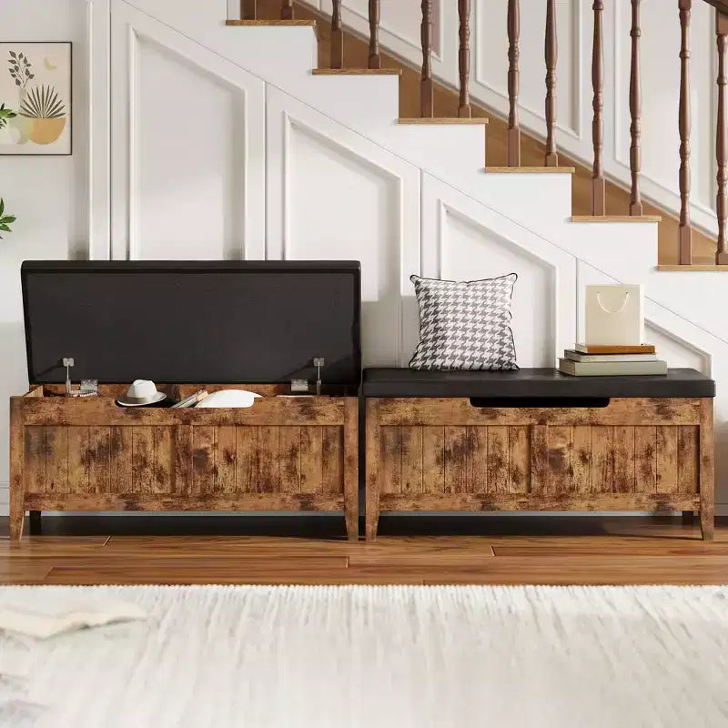 Banc de rangement GustoWave, Coffre de rangement en bois de 100 cm avec 2 charnières de sécurité, Banc d'entrée avec couvercle à charnière, Grand coffre pour salon, chambre à coucher