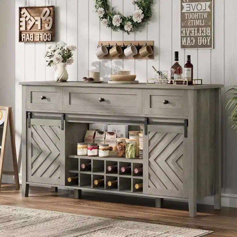 Acekool 47.2 Armoire de buffet de ferme, vaisselier rustique avec portes coulissantes, 3 tiroirs, étagères réglables, casier à vin amovible, blanc