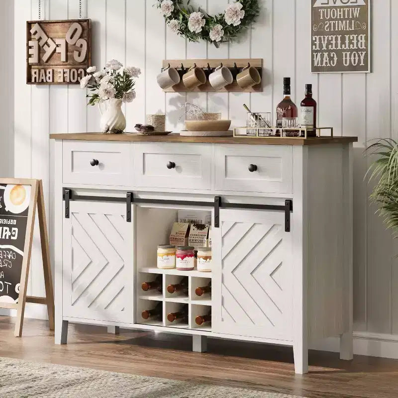 Acekool 47.2 Armoire de buffet de ferme, vaisselier rustique avec portes coulissantes, 3 tiroirs, étagères réglables, casier à vin amovible, blanc