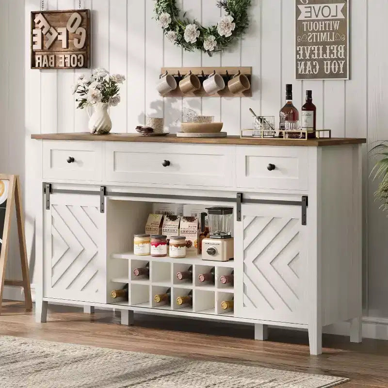 Acekool 47.2 Armoire de buffet de ferme, vaisselier rustique avec portes coulissantes, 3 tiroirs, étagères réglables, casier à vin amovible, blanc