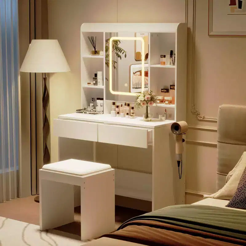 Coiffeuse GustoWave avec miroir et lumières, comprend un tabouret rembourré, des tiroirs de rangement, des prises USB, un éclairage LED réglable avec 3 modes d'éclairage