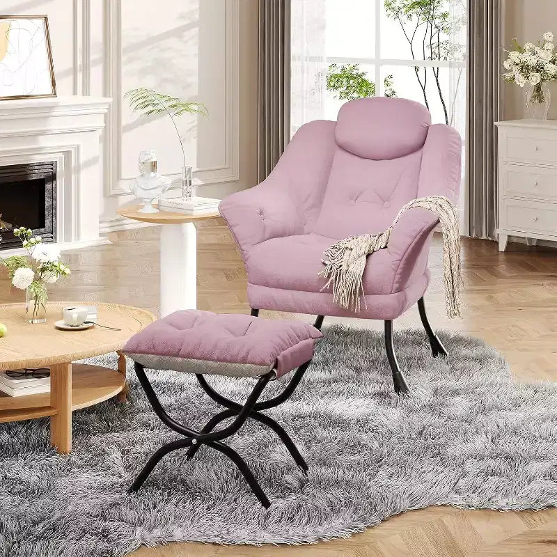 Fauteuil d'appoint confortable en velours Acekool pour adultes, fauteuil de lecture ergonomique avec accoudoirs rembourrés, repose-pieds pliable, poche latérale, rose, gris