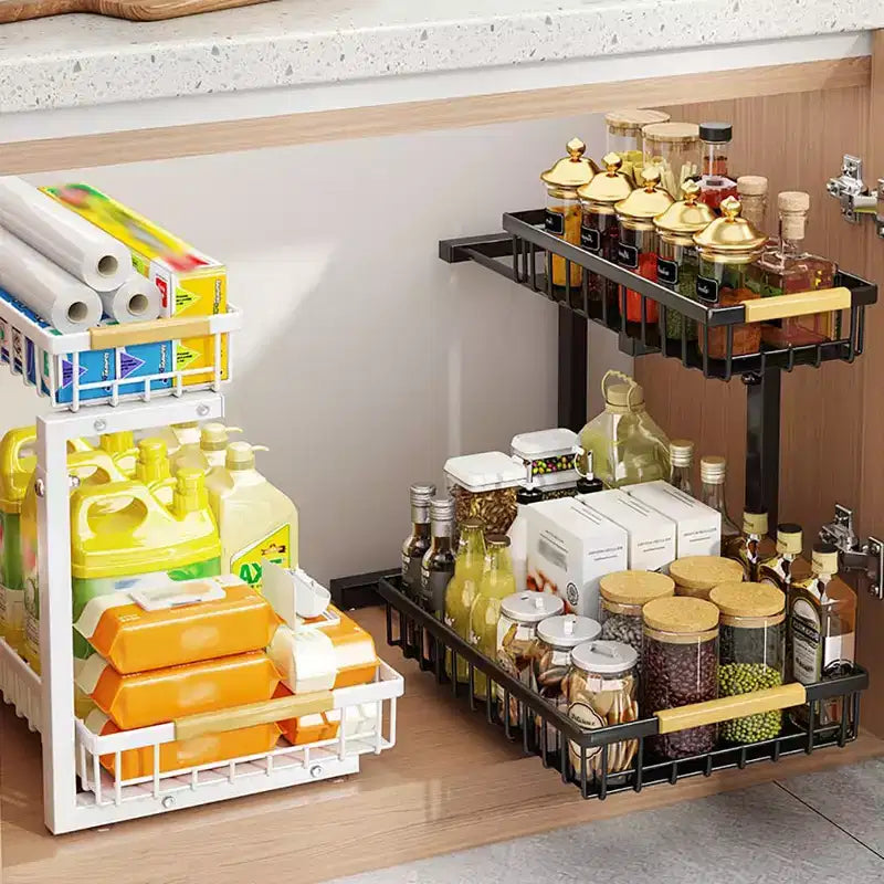 Organisateur sous évier, étagère coulissante en métal pour armoire, organisateur et rangement de cuisine et salle de bain avec 2 tiroirs coulissants pour épices.