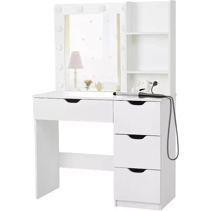 Coiffeuse moderne Acekool avec miroir lumineux, prises électriques, 4 tiroirs, poignées en cristal, éclairage LED réglable, étagères de rangement pour chambre, blanc