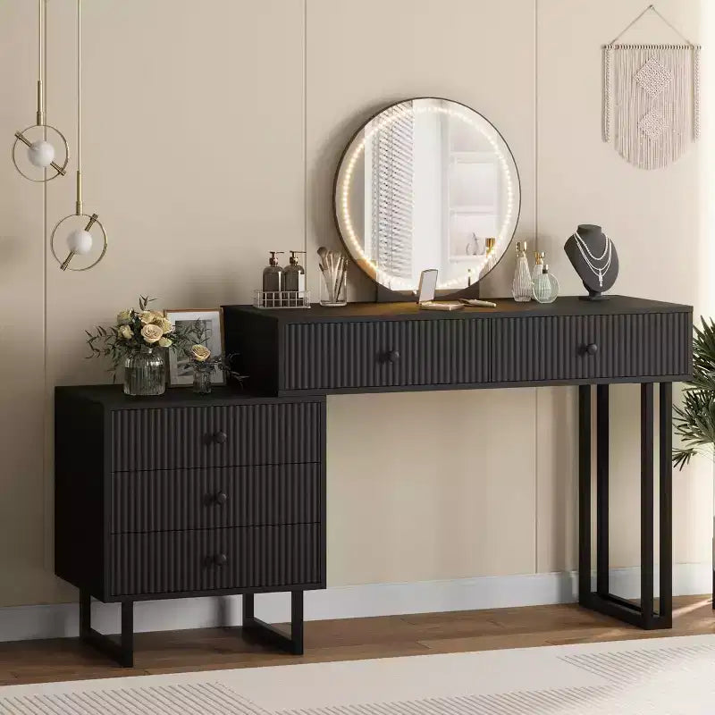 Coiffeuse blanche Acekool avec miroir et lumières, table de maquillage moderne avec 5 tiroirs, LED 3 couleurs, luminosité réglable pour chambre à coucher