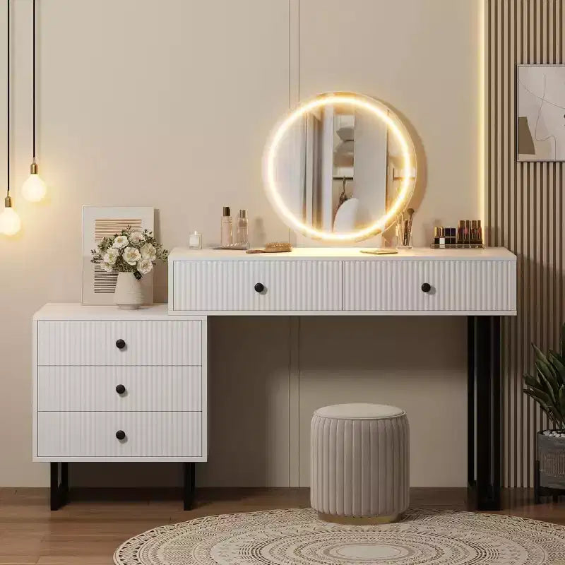 Coiffeuse blanche Acekool avec miroir et lumières, table de maquillage moderne avec 5 tiroirs, LED 3 couleurs, luminosité réglable pour chambre à coucher