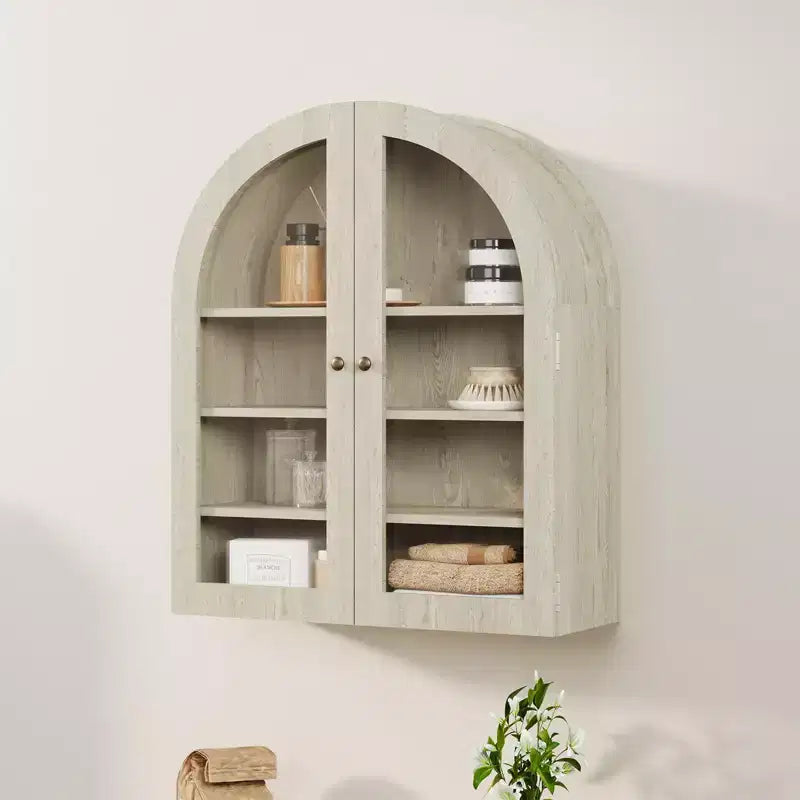 Meuble Haut Mural Arrondi, Petite Armoire de Toilette Murale avec Portes et Étagères Réglables, Organisateur de Rangement Gain de Place pour Cuisines
