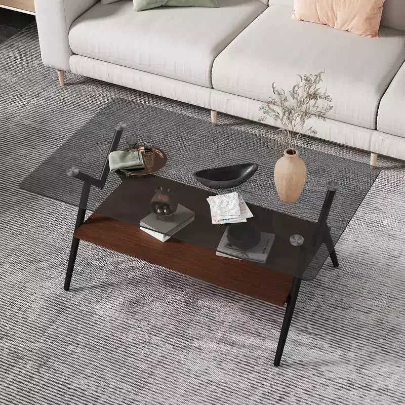 Table basse moderne avec plateau en verre trempé et étagère en bois