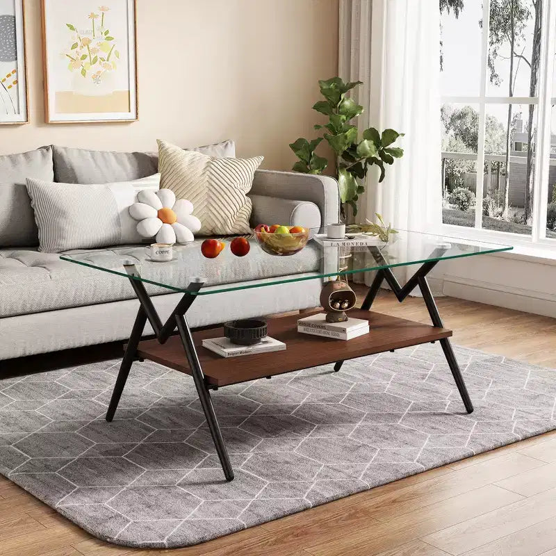 Table basse moderne avec plateau en verre trempé et étagère en bois