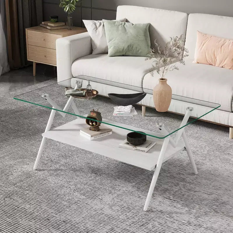 Table basse moderne avec plateau en verre trempé et étagère en bois