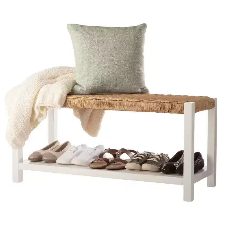 Banc en bois de 101,6 cm avec assise en corde tressée à la main et étagère de rangement pour entrée ou chambre à coucher